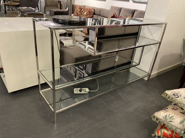 Konsole Silber, Wandtisch Regal Glas-Metall, Glas Regal Metall, Breite 140 cm