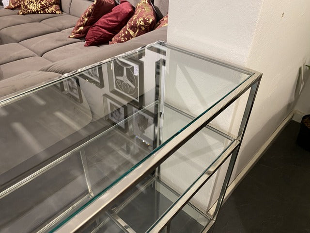 Konsole Silber, Wandtisch Regal Glas-Metall, Glas Regal Metall, Breite 140 cm