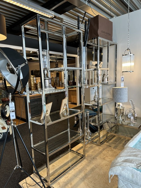 Bücherregal Silber, Metall Regal Silber, Regal Glas-Metall Silber, Glasregal verchromt, Breite 220 cm