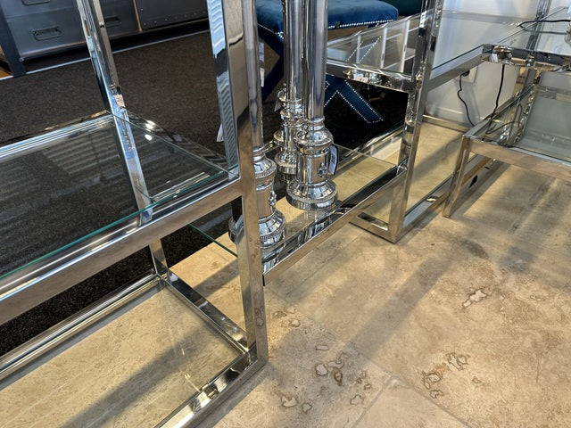 Bücherregal Silber, Metall Regal Silber, Regal Glas-Metall Silber, Glasregal verchromt, Breite 220 cm