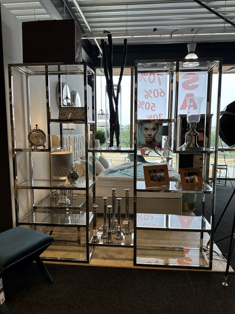 Bücherregal Silber, Metall Regal Silber, Regal Glas-Metall Silber, Glasregal verchromt, Breite 220 cm