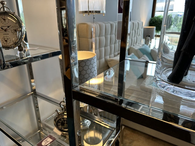 Bücherregal Silber, Metall Regal Silber, Regal Glas-Metall Silber, Glasregal verchromt, Breite 220 cm