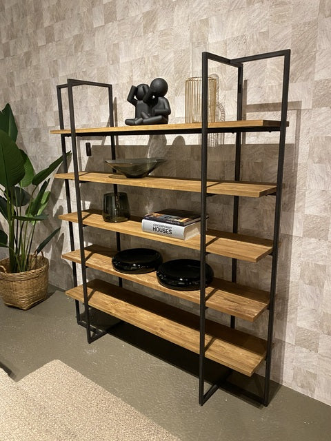 Regal Teakholz Metall-Gestell, Bücherregal Metall-Rahmen Massivholz, Breite 155 cm