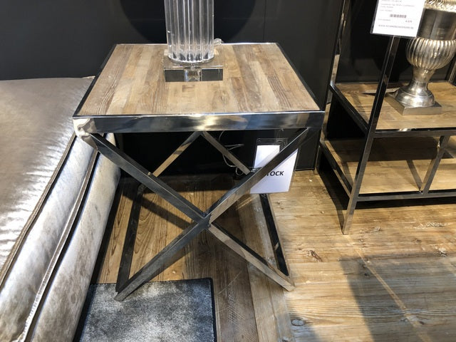 Beistelltisch Silber Gestell, Beistelltisch verchromt Altholz, Maße 55x55 cm