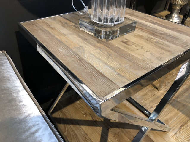 Beistelltisch Silber Gestell, Beistelltisch verchromt Altholz, Maße 55x55 cm