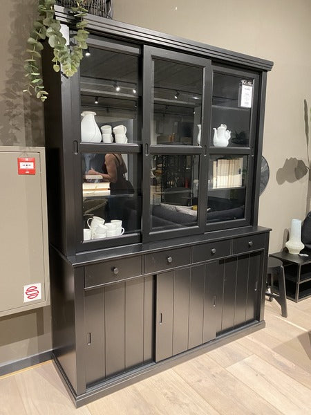Vitrinenschrank schwarz, Geschirrschrank schwarz Landhaus, Vitrine schwarz Landhausstil, Buffetschrank schwarz, Breite 166 cm