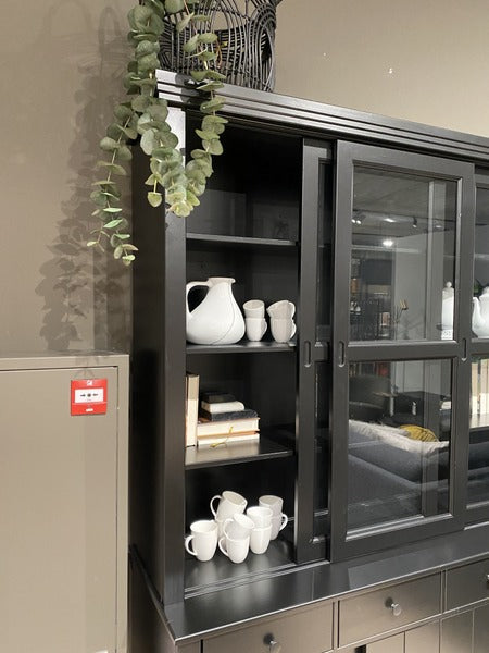Vitrinenschrank schwarz, Geschirrschrank schwarz Landhaus, Vitrine schwarz Landhausstil, Buffetschrank schwarz, Breite 166 cm