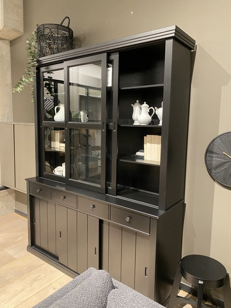 Vitrinenschrank schwarz, Geschirrschrank schwarz Landhaus, Vitrine schwarz Landhausstil, Buffetschrank schwarz, Breite 166 cm