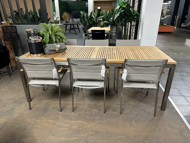 Ausziehtisch Edelstahl, Gartentisch Edelstahl Teakholz Tischplatte, Gartentisch Edelstahl, Länge 152-210 cm