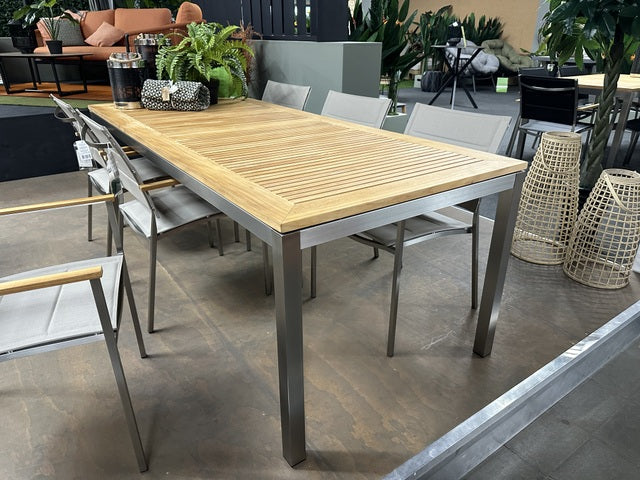 Ausziehtisch Edelstahl, Gartentisch Edelstahl Teakholz Tischplatte, Gartentisch Edelstahl, Länge 152-210 cm