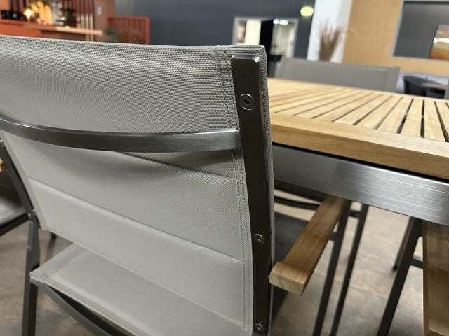 Ausziehtisch Edelstahl, Gartentisch Edelstahl Teakholz Tischplatte, Gartentisch Edelstahl, Länge 152-210 cm