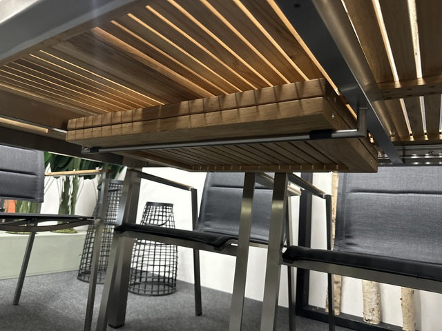 Ausziehtisch Edelstahl, Gartentisch Edelstahl Teakholz Tischplatte, Gartentisch Edelstahl, Länge 152-210 cm