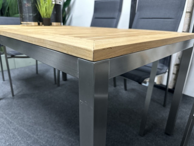 Ausziehtisch Edelstahl, Gartentisch Edelstahl Teakholz Tischplatte, Gartentisch Edelstahl, Länge 152-210 cm