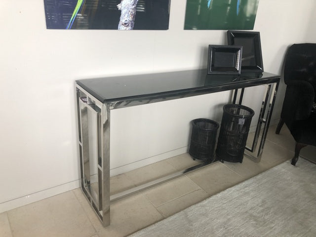 Konsole verchromt Glasplatte, Wandtisch Silber, Konsole Metall Glas, Sideboard Silber Glas, Breite 150 cm