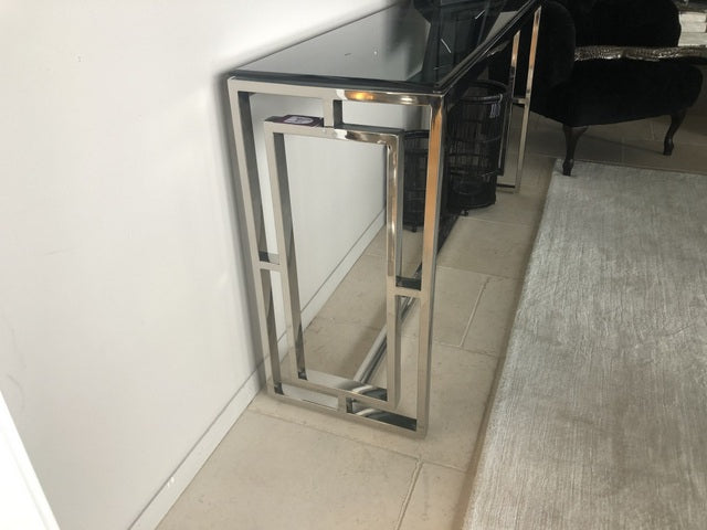 Konsole verchromt Glasplatte, Wandtisch Silber, Konsole Metall Glas, Sideboard Silber Glas, Breite 150 cm