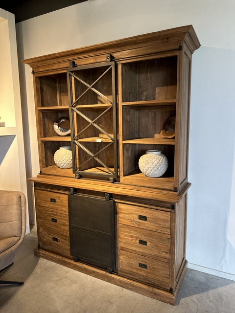 Vitrine  Naturholz-braun Teakholz, Wohnzimmerschrank  Massivholz,  Breite 150 cm