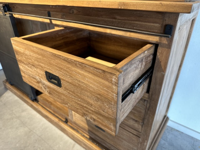 Vitrine  Naturholz-braun Teakholz, Wohnzimmerschrank  Massivholz,  Breite 150 cm