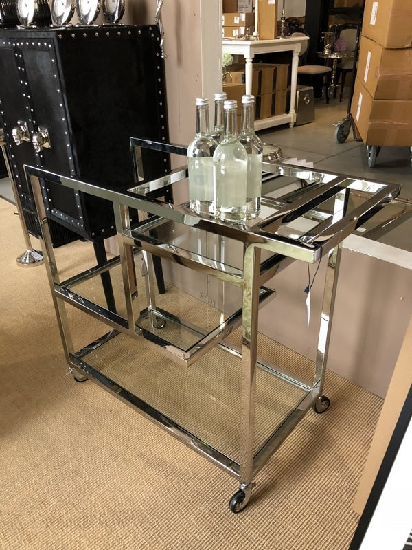Servierwagen Silber Metall, Serviertisch Silber-Glas, Trolley Silber