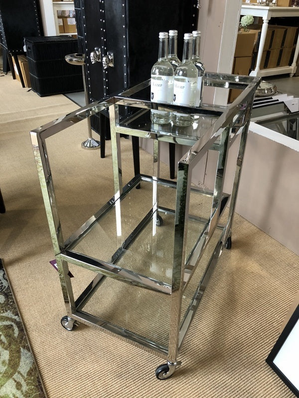 Servierwagen Silber Metall, Serviertisch Silber-Glas, Trolley Silber