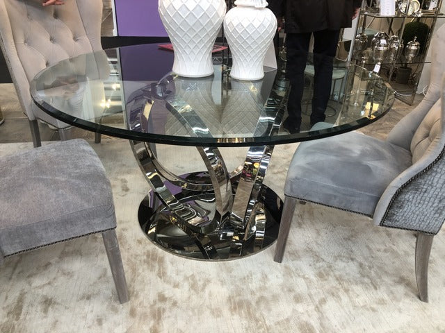 Runder Glastisch verchromtes Tischgestell, Tisch rund verchromt, Esstisch rund Glas, Durchmesser 150 cm