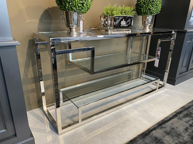 Glaskonsole verchromt, Konsole Silber, Wandtisch Silber, Konsole Metall Silber, Breite 150 cm