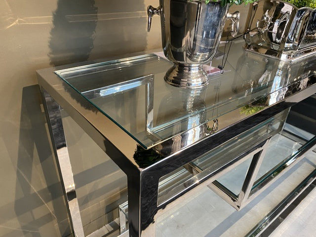 Glaskonsole verchromt, Konsole Silber, Wandtisch Silber, Konsole Metall Silber, Breite 150 cm