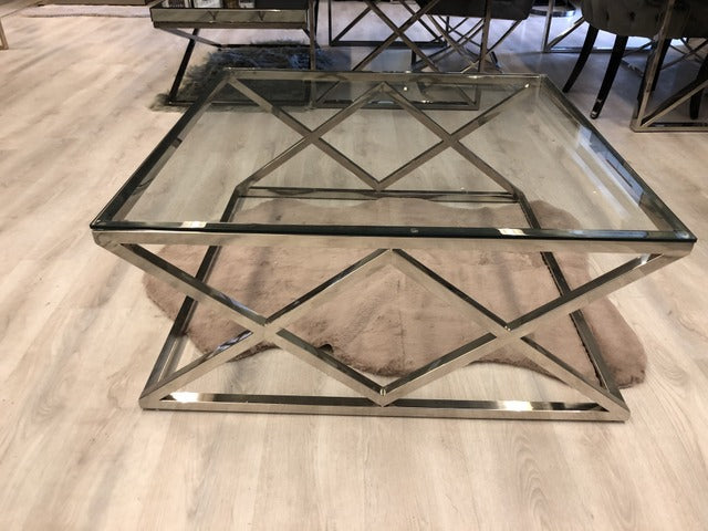 Couchtisch Silber,  Glas Couchtisch verchromt,  Maße 100 x 100 cm