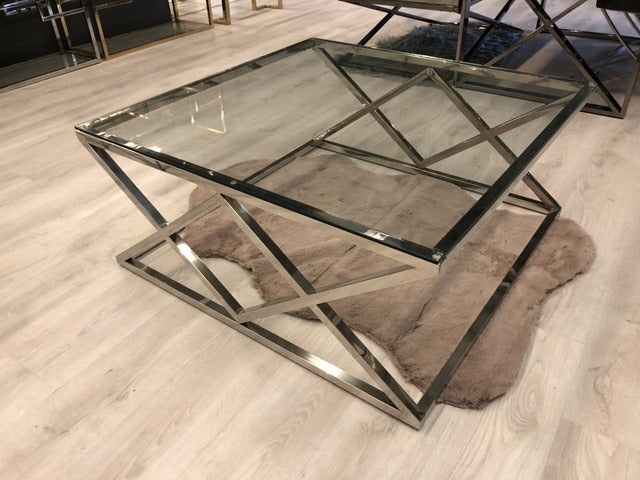 Couchtisch Silber,  Glas Couchtisch verchromt,  Maße 100 x 100 cm