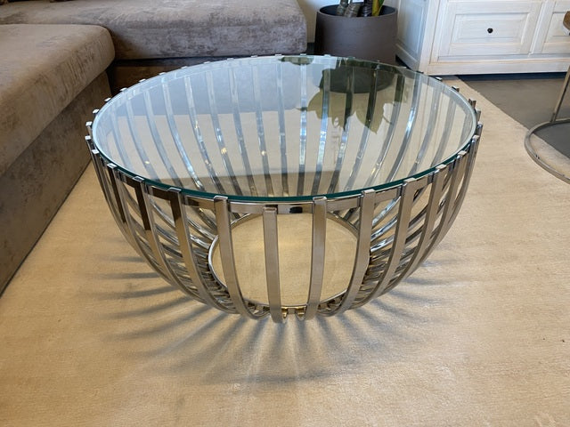 Couchtisch verchromt rund , Glastisch rund Silber, Couchtisch rund Silber, Durchmesser 81 cm