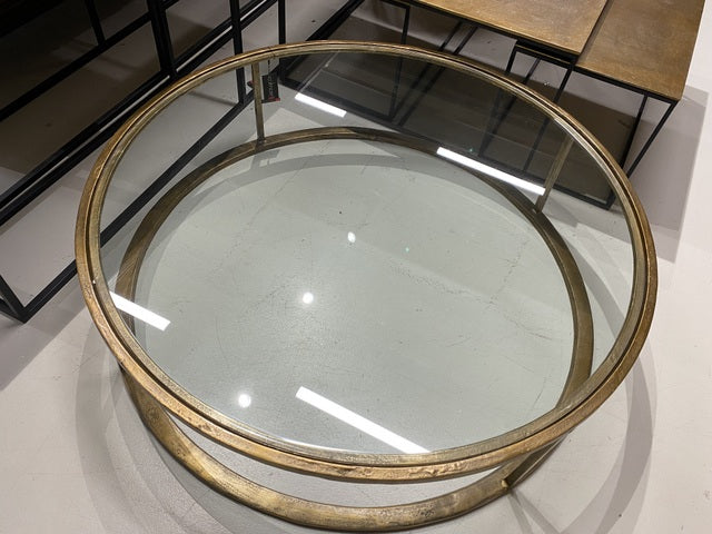 Runder Couchtisch Gold, Glastisch rund, Couchtisch rund Glas Tischplatte, Durchmesser 123 cm