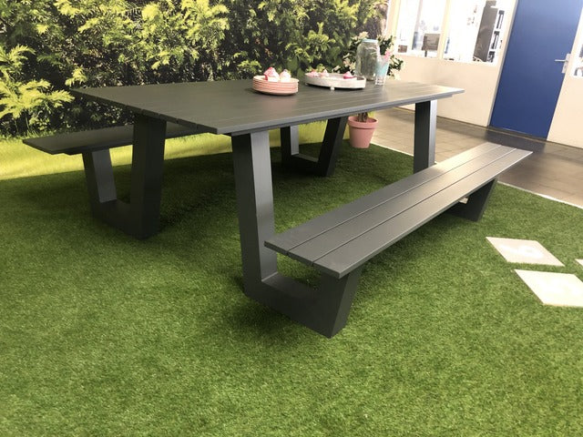 Gruppensitzbank anthrazit, Sitzgruppe Aluminium anthrazit, Picknick Sitzgruppe anthrazit, Gartentisch mit Bank anthrazit, Picknickbank anthrazit, Breite 220 cm