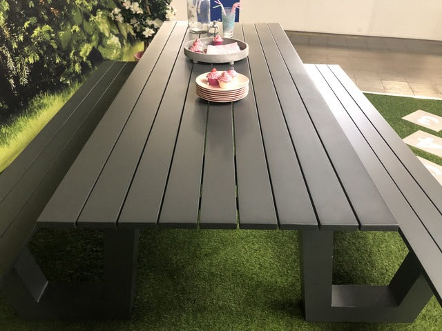 Gruppensitzbank anthrazit, Sitzgruppe Aluminium anthrazit, Picknick Sitzgruppe anthrazit, Gartentisch mit Bank anthrazit, Picknickbank anthrazit, Breite 220 cm