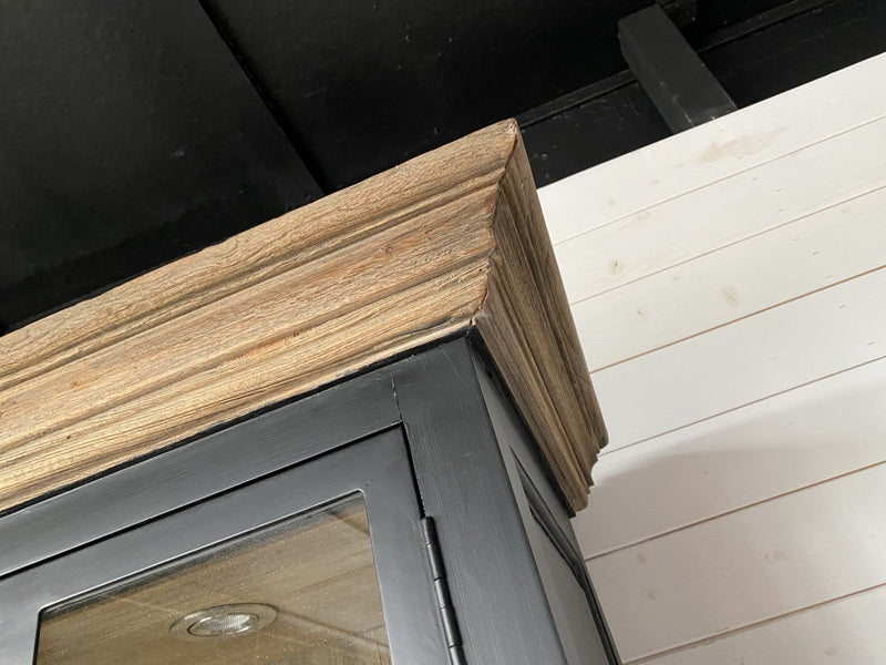 Buffetschrank schwarz mit Beleuchtung, Geschirrschrank schwarz Landhausstil, Vitrine schwarz Landhaus, Breite 130 cm
