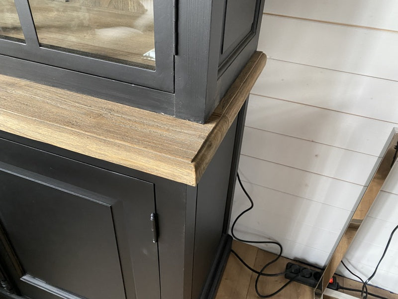 Buffetschrank schwarz mit Beleuchtung, Geschirrschrank schwarz Landhausstil, Vitrine schwarz Landhaus, Breite 130 cm