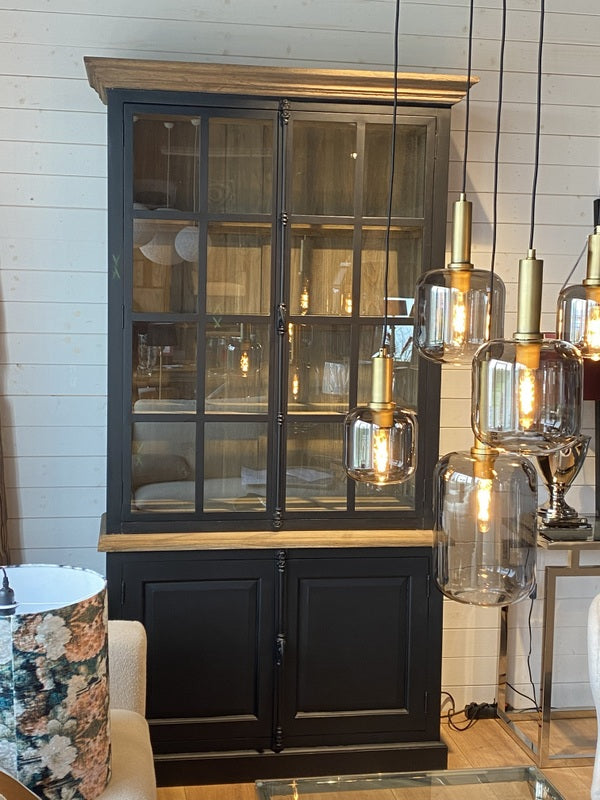 Buffetschrank schwarz mit Beleuchtung, Geschirrschrank schwarz Landhausstil, Vitrine schwarz Landhaus, Breite 130 cm