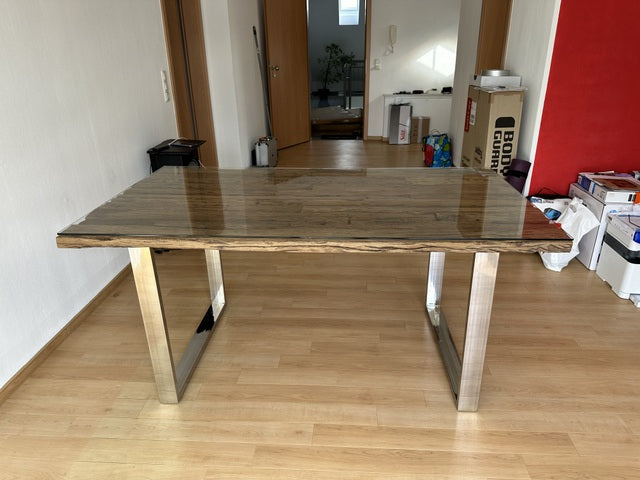 Esstisch Silber mit Glasplatte, Tisch verchromte Tischbeine, Maße 200 x 100 cm