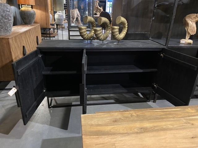Sideboard Teakholz handgeschnitzt Unikat, Anrichte schwarz Massivholz, Breite 220 cm