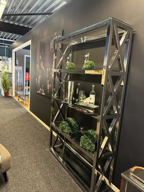 Bücherregal Silber, Metall Regal Silber, Regal Glas-Metall Farbe Silber, Breite 122 cm