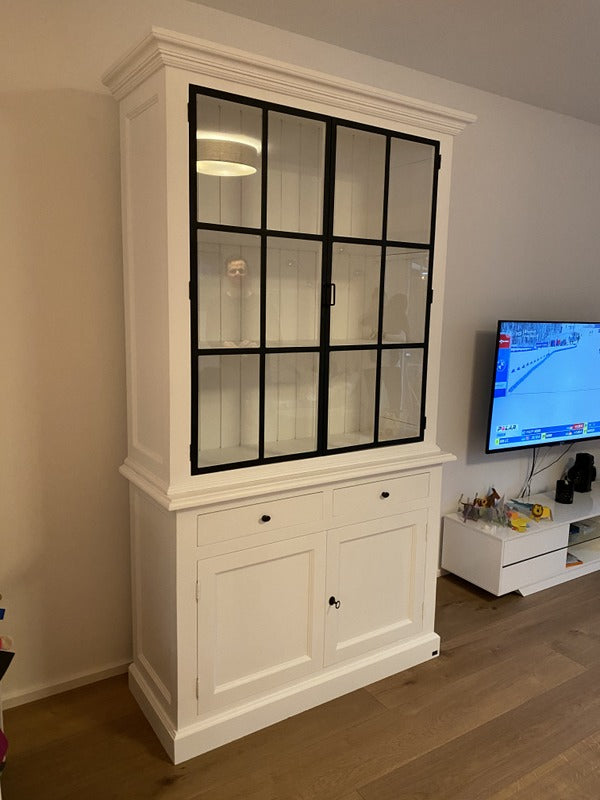 Vitrine weiß, Geschirrschrank weiß Massivholz, Küchenschrank weiß Landhaus, Breite 130 cm