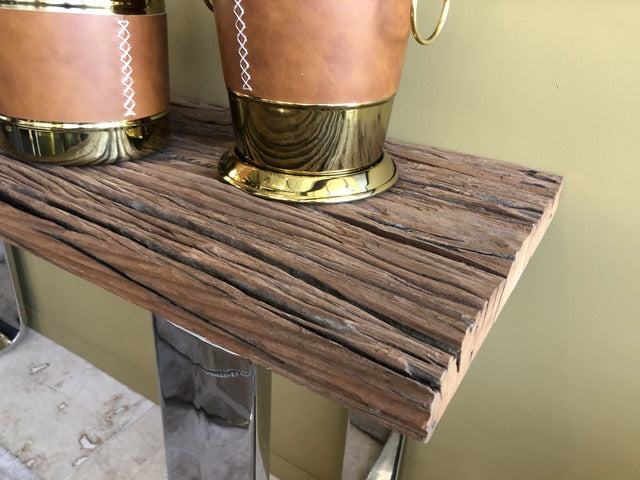 Konsole Altholz verchromt, Konsole Silber-Gestell, Wandtisch verchromt, Breite 140 cm