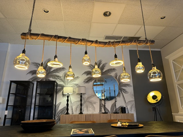 Hängelampe Naturholz-Balke inklusive Glühbirnen, Pendelleuchte Holzbalke mit LED Glühbirnen, Breite 200 cm