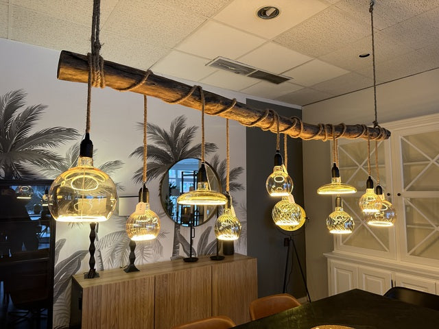 Hängelampe Naturholz-Balke inklusive Glühbirnen, Pendelleuchte Holzbalke mit LED Glühbirnen, Breite 200 cm