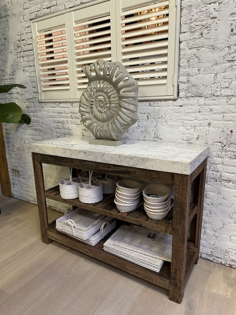 Anrichte Altholz mit Marmorplatte, Konsole Marmor-Altholz, Breite 132cm