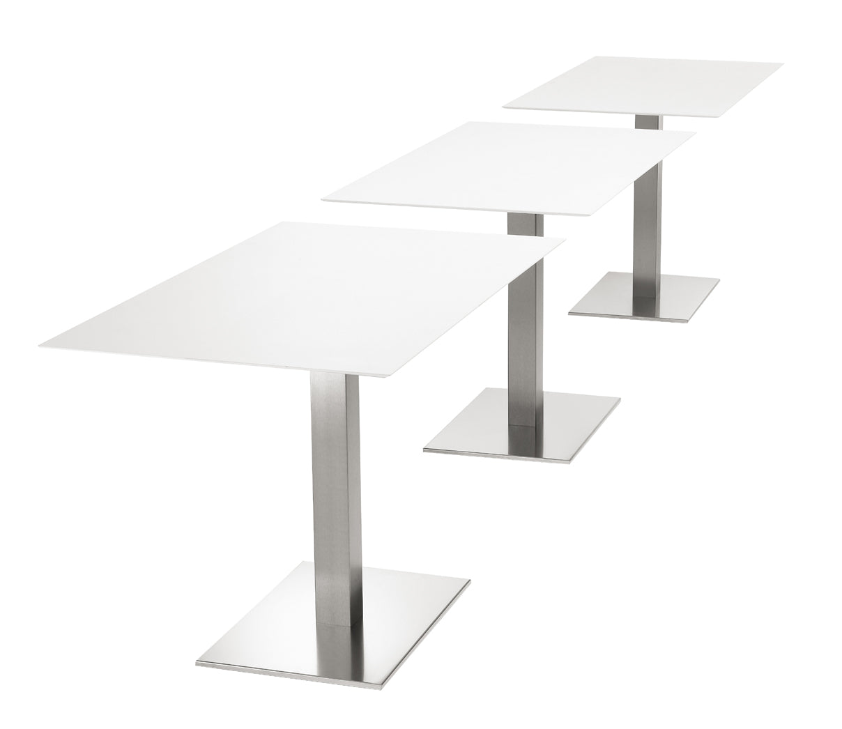 Design Tisch weiß, Gestell Edelstahl satiniert