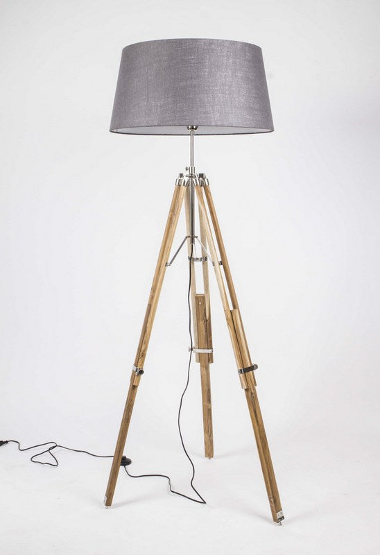 Stehlampe mit Lampenschirm grau, Stehlampe Dreifuß Naturholz
