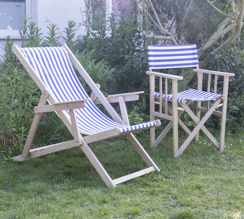 Klappstuhl, Regiestuhl aus Massivholz und gestreiften Stoff, Gartenstuhl Farbe blau-weiß