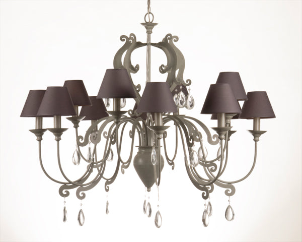 Kronleuchter 12-armig im Landhausstil, Farbe taupe-grau, Lampenschirme grau, Ø 105 cm