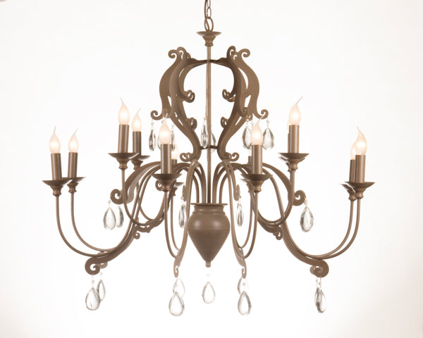 Kronleuchter 12-armig im Landhausstil hell-taupe, Lampenschirme taupe-grau, Ø 105 cm