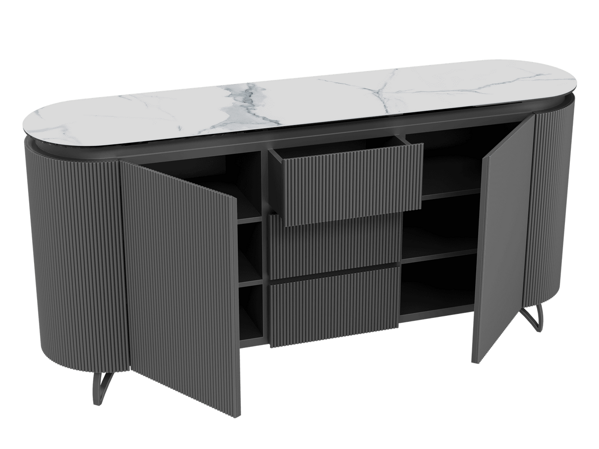 Sideboard weiß Marmoroptik, Sideboard mit Schubladen Keramik, ovale Anrichte Keramik, Breite 170 cm