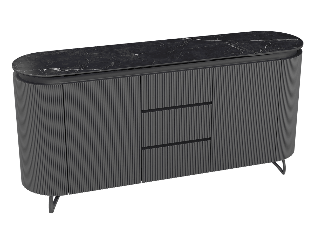 Sideboard anthrazit Marmoroptik, Sideboard mit Schubladen Keramik, ovale Anrichte Keramik, Breite 170 cm